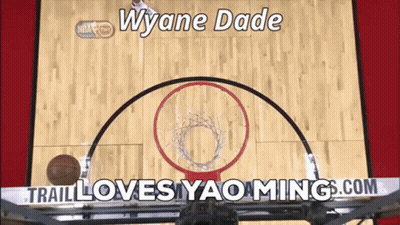 A Basketball Is Going Through A Hoop With The Words Wyane Dade Trail Loves Yao Ming.com Below It GIF