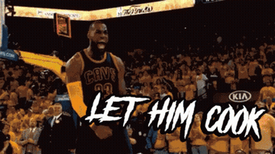 A Basketball Player In A Cavs Jersey Stands In Front Of A Crowd And Says Let Him Cook GIF