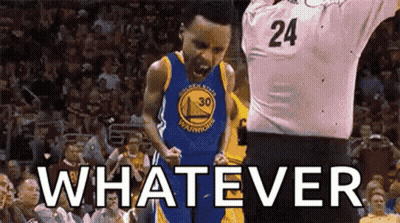 A Basketball Player In A Golden State Warriors Jersey Is Celebrating A Victory While A Referee Stands Behind Him . GIF