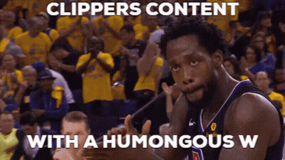 A Basketball Player Is Clapping In Front Of A Crowd With A Caption That Says Clippers Content With A Humongous W . GIF
