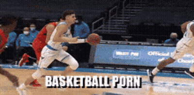 A Basketball Player Is Dribbling A Basketball On A Court With The Words Basketball Porn Written Below Him GIF