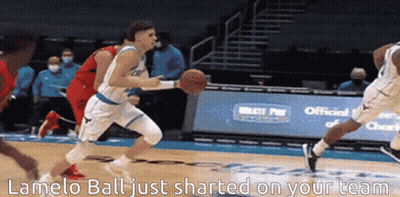 A Basketball Player Is Dribbling The Ball On A Court With The Caption Lamelo Ball Just Started On Your Team GIF