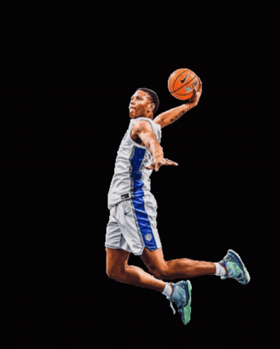 A Basketball Player Is Jumping In The Air While Holding An Orange Ball GIF