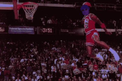 A Basketball Player Is Jumping In The Air With A Lightning Bolt Behind Him GIF