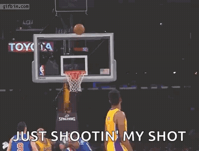 A Basketball Player Is Jumping In The Air With His Arms Outstretched And The Words `` Just Shootin ' My Shot '' Written  GIF