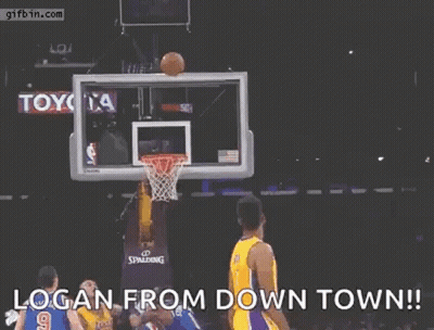 A Basketball Player Is Jumping In The Air With His Arms Outstretched While Holding A Basketball In Front Of A Net . GIF