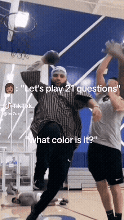 A Basketball Player Is Jumping In The Air With The Caption " Let 'S Play 21 Questions What Color Is It " GIF