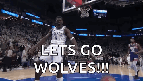 A Basketball Player Is Jumping In The Air With The Words `` Let 'S Go Wolves '' Written On The Screen . GIF