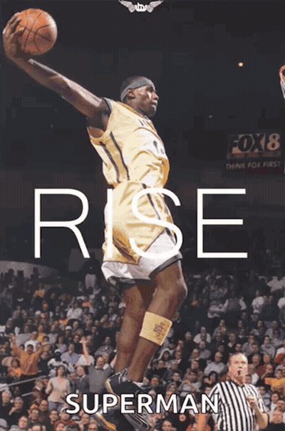 A Basketball Player Is Jumping In The Air With The Words Rise Superman Behind Him GIF