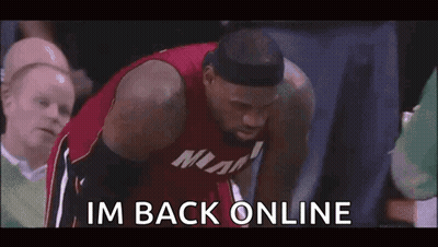 A Basketball Player Is Kneeling Down And Saying `` Im Back Online '' GIF