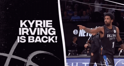 A Basketball Player Is Pointing At The Camera With The Words Kyrie Irving Is Back GIF