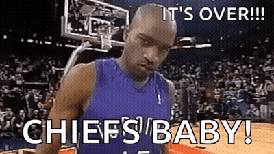 A Basketball Player Is Standing On A Basketball Court With The Words `` It 'S Over !! Chiefs Baby ! '' GIF