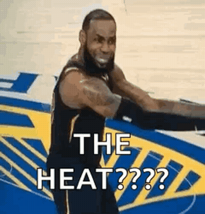 A Basketball Player Is Standing On A Court With His Arms Outstretched And Says `` The Heat '' . GIF
