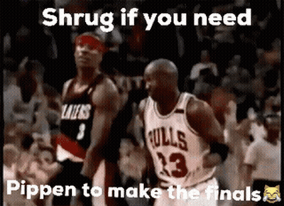 A Basketball Player Wearing A Bulls Jersey Is Standing Next To Another Basketball Player . GIF