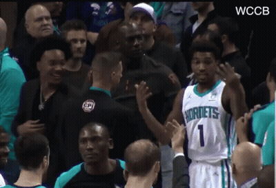 A Basketball Player Wearing A Hornets Jersey Talks To A Fan GIF