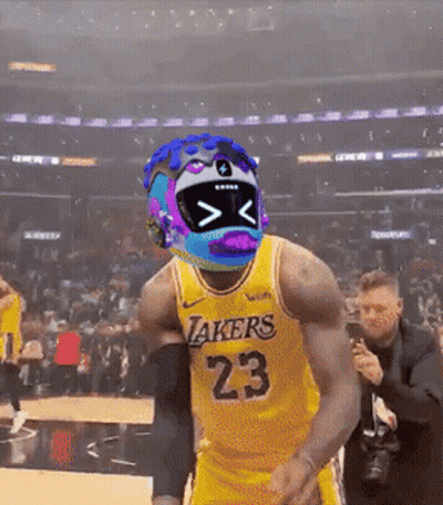 A Basketball Player Wearing A Lakers Jersey With A Futuristic Helmet On His Head GIF