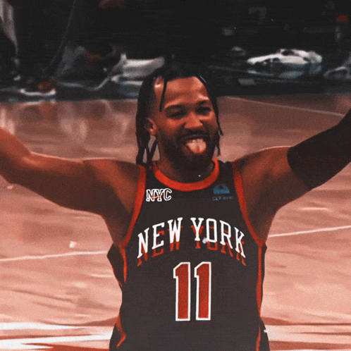 A Basketball Player Wearing A New York Jersey With The Number 11 On It GIF