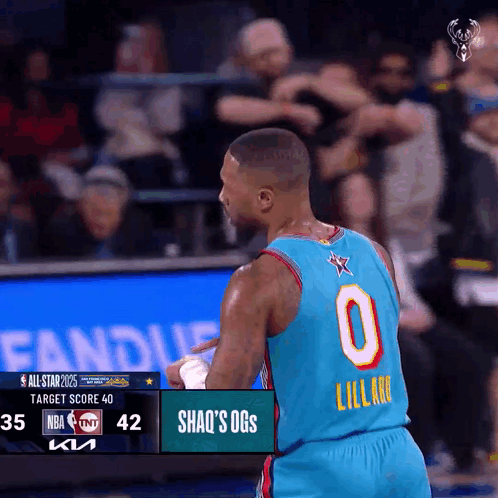 A Basketball Player Wearing A Number 0 Jersey Stands In Front Of A Scoreboard GIF