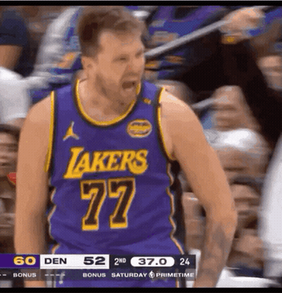 A Basketball Player Wearing A Purple Lakers Jersey Is Screaming GIF