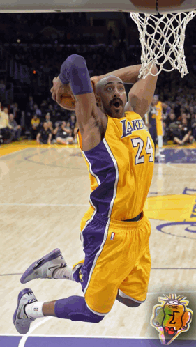 A Basketball Player Wearing A Yellow And Purple Lakers Jersey GIF