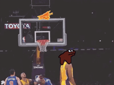 A Basketball Player Wearing A Yellow Lakers Jersey Stands In Front Of A Basketball Hoop GIF