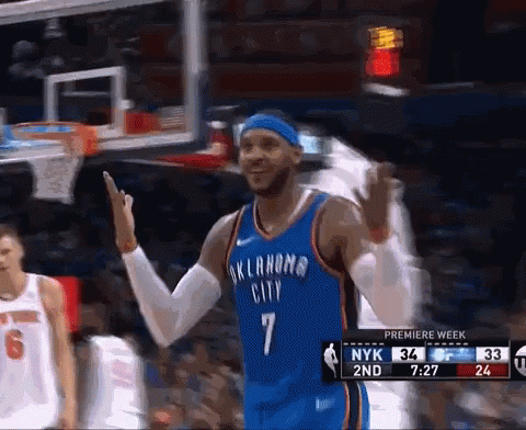 A Basketball Player Wearing An Oklahoma City Jersey Is Waving His Hand GIF