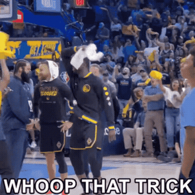 A Basketball Player With A Bandage On His Head Is Standing In Front Of A Crowd And Says Whoop That Trick GIF