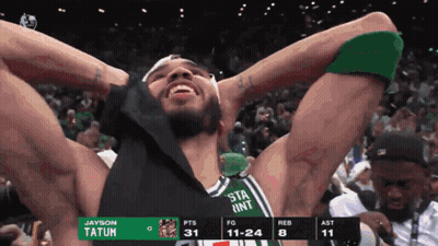 A Basketball Player With The Name Tatum On The Back Of His Shirt GIF