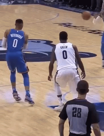 A Basketball Player With The Number 0 On His Jersey Is Dribbling A Ball GIF
