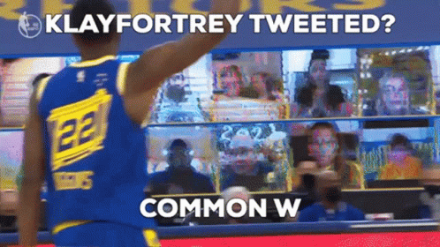 A Basketball Player With The Number 22 On His Jersey Stands In Front Of A Screen That Says " Klayfortrey Tweeted " GIF