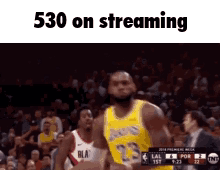 A Basketball Player With The Number 23 On His Jersey Is Jumping In The Air GIF