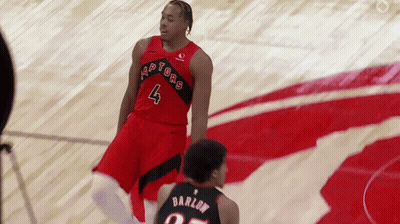 A Basketball Player With The Number 4 On His Jersey Is Standing Next To Another Player GIF