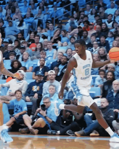 A Basketball Player With The Number 8 On His Jersey Is Dribbling The Ball GIF