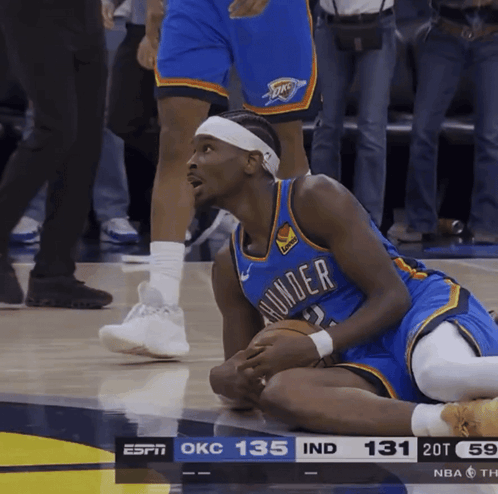 A Basketball Player With The Word Thunder On His Jersey Is Kneeling On The Floor GIF