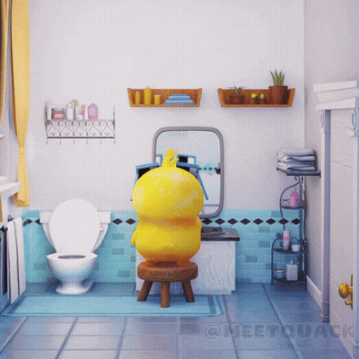 A Bathroom With A Duck Sitting On A Stool GIF