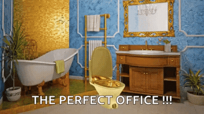 A Bathroom With A Gold Toilet And A Bathtub And The Words " The Perfect Office " GIF