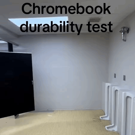 A Bathroom With Urinals And The Words Chromebook Durability Test On The Bottom GIF