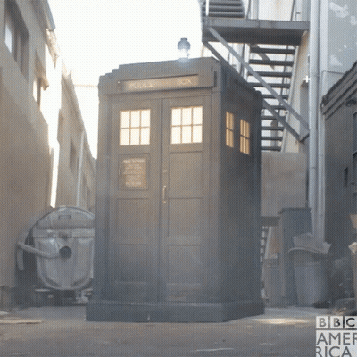 A Bbc America Ad With A Police Box In The Background GIF