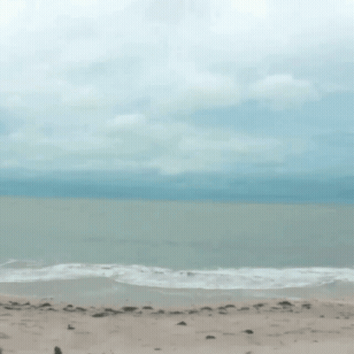 A Beach Scene With A Cloudy Sky And Waves Crashing On The Sand GIF