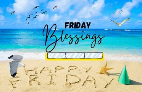 A Beach Scene With The Words Friday Blessings And Happy Friday Written In The Sand GIF