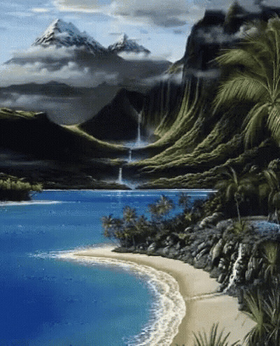 A Beach With Mountains In The Background And A Waterfall In The Middle GIF