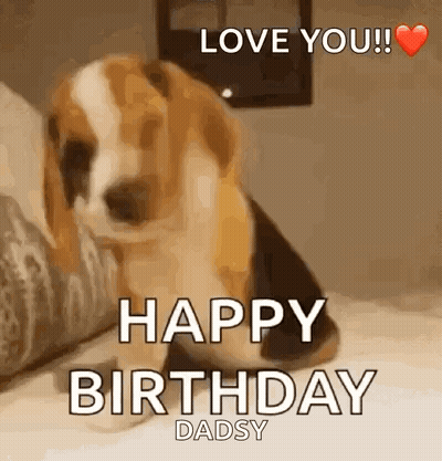 A Beagle Puppy Is Sitting On A Bed With The Words `` Love You ! '' And `` Happy Birthday Dadsy '' . GIF
