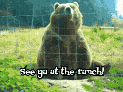A Bear Behind A Fence With The Words " See Ya At The Ranch " GIF