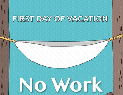 A Bear Is Laying In A Hammock With The Words First Day Of Vacation No Work GIF
