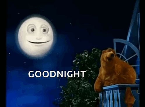 A Bear Is Sitting On A Balcony With A Smiling Moon And The Words Goodnight Written Below It GIF