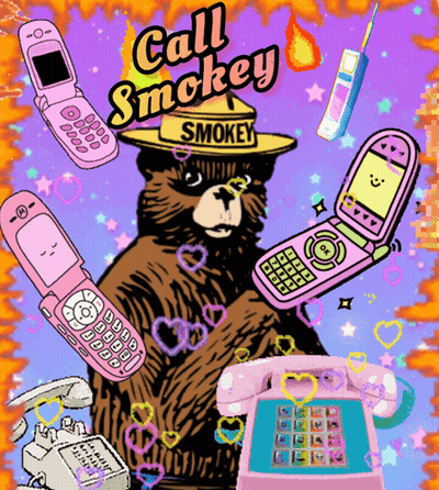 A Bear With A Hat That Says Smokey Is Surrounded By Pink Flip Phones GIF