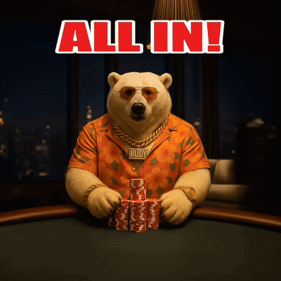 A Bear With A Necklace That Says Rudy Is Holding A Pile Of Poker Chips GIF