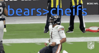 A Bears Football Player Kneeling On The Field With The Words Bears > Chiefs Behind Him GIF