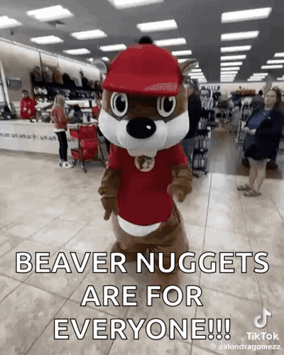 A Beaver Mascot Is Standing In A Store And Says Beaver Nuggets Are For Everyone ! GIF