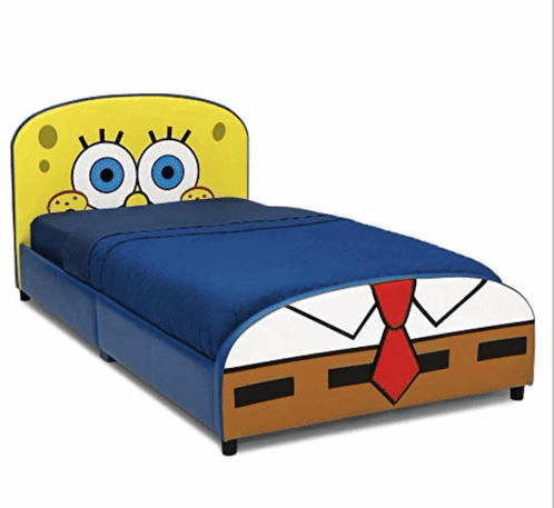 A Bed With Spongebob On The Headboard And A Blue Blanket GIF